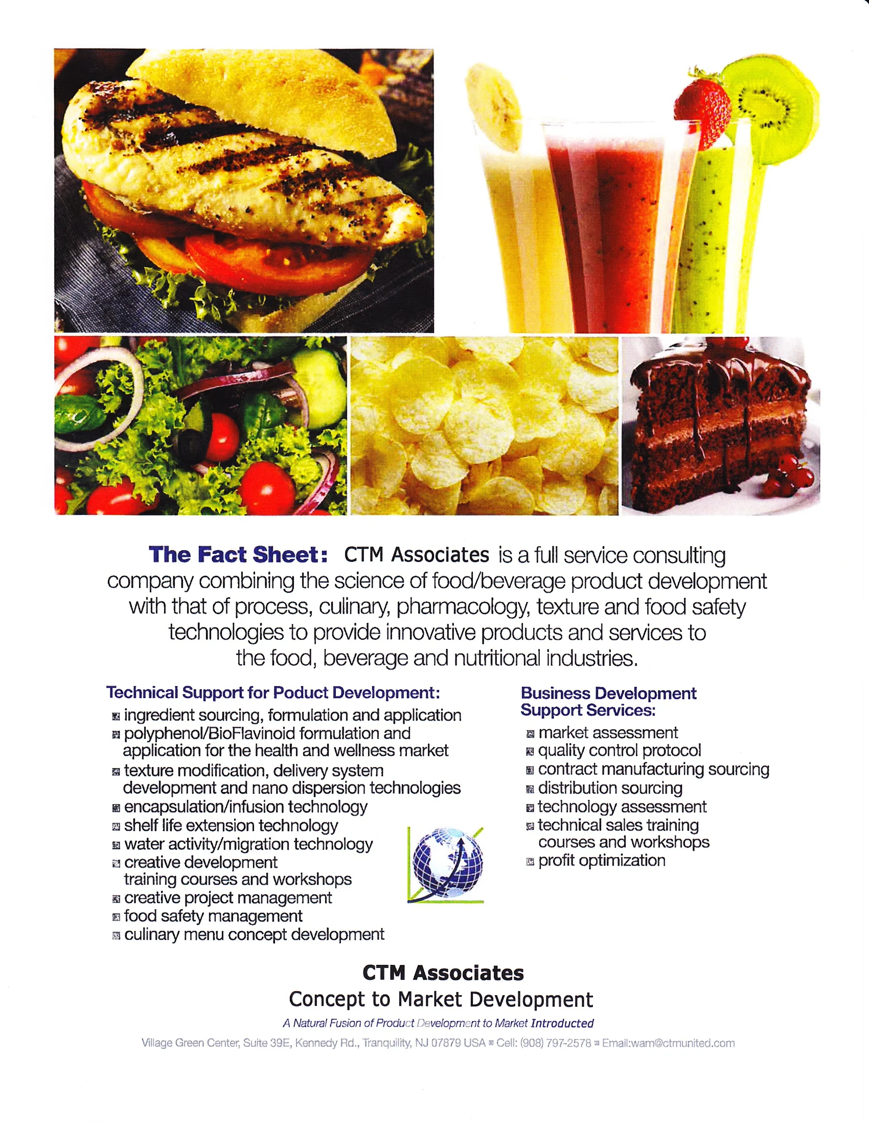 CTM Associates fact sheet describing technical support for product development and business development support services for the food, beverage, and nutritional industries.